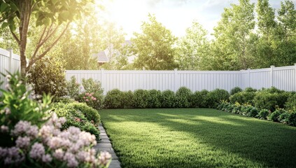 Sunny backyard with green lawn, white fence, and blooming flowers.