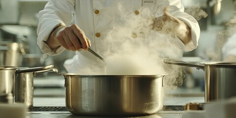 Dynamic shot of chef stirring large pot of soup with aromatic steam rising high into the air.