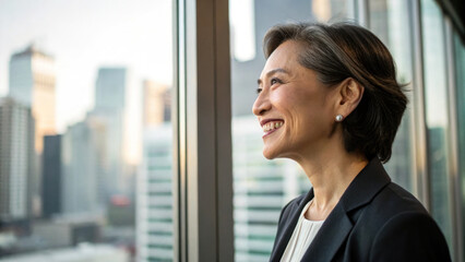 smiling woman in business suit gazes out of window at city skyline, reflecting confidence and optimism