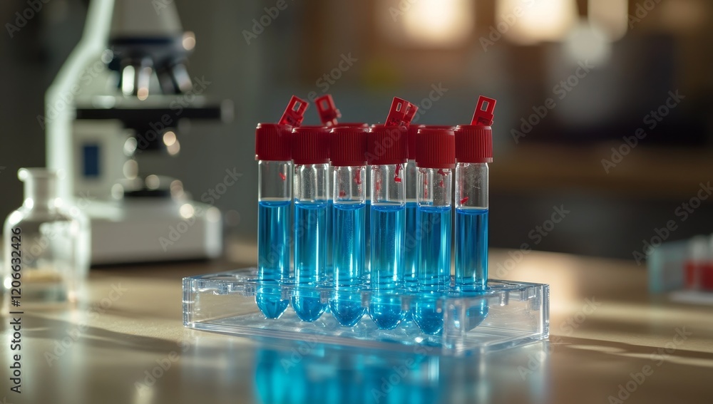 Poster blue liquid samples in test tubes on lab bench.