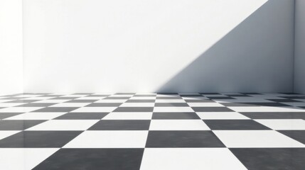 Empty room with a checkered floor and a wall displaying a diagonal shadow