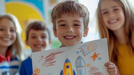 A boy proudly showing off his drawing of a rocket to his smiling friends