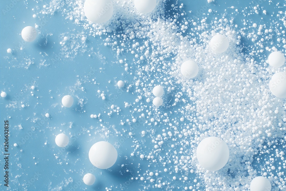 Poster abstract blue background with white spheres and particles.