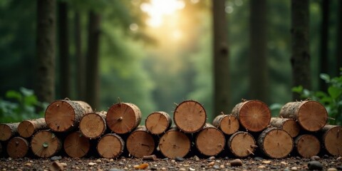 Serene forest scene featuring a neatly stacked pile of freshly cut logs, bathed in soft sunlight filtering through the trees.