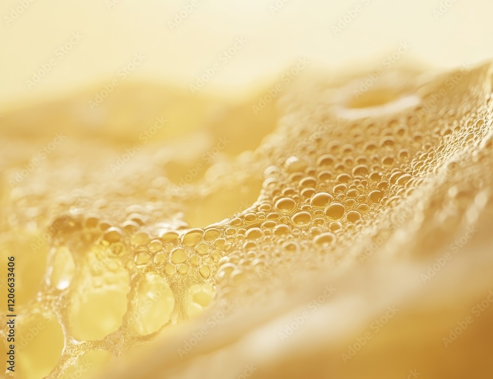 Poster close-up of golden foam texture with bubbles.