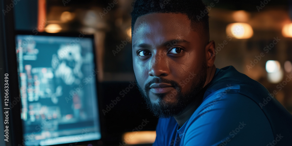 Poster Focused african american programmer working late on computer code in dark office