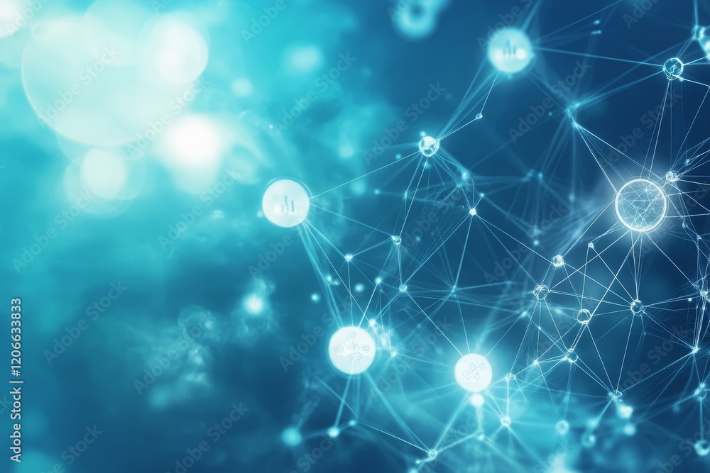 Poster Abstract blue network with glowing nodes and connections.