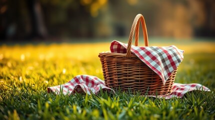 A wicker basket sits on a green grassy field, covered by a checkered napkin and blanket. Hazy, soft light; space for text