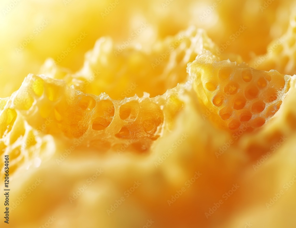 Poster close-up of honeycomb texture, golden yellow, showing detailed hexagonal cells and structure.