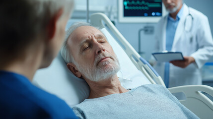 Obraz premium Senior man resting in hospital bed with nurse and doctor attending
