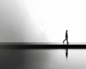Silhouetted businessman walking on a minimalist platform, reflecting in still water, conveying concepts of journey, ambition, and future.