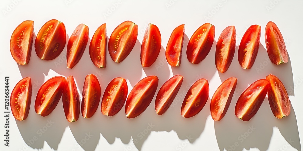 Poster Sliced red tomatoes arranged in rows on white background.