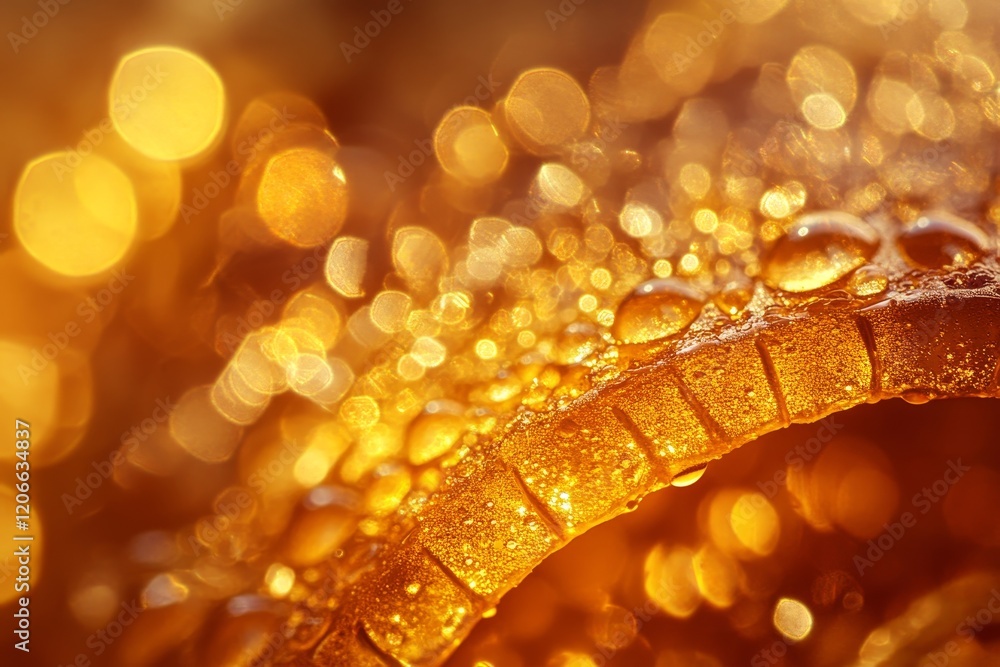 Poster Golden dewdrop on textured surface with bokeh.