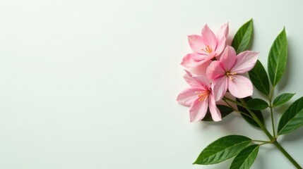 Fototapeta premium Delicate Pink Blooms with Lush Green Foliage on a Soft White Background, Perfect for Elegant Designs and Feminine Aesthetics