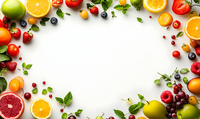 Colorful fruit border, white background, healthy food, recipe design