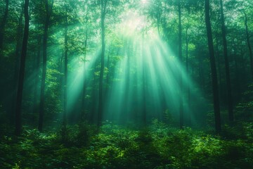 Fototapeta premium Enchanted Meadow: Sunlight Filtering Through Dense Foliage Under Mesmerizing Aurora in Dark Sky