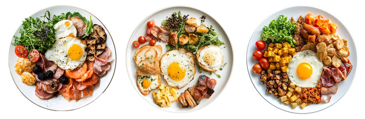 Full English Breakfast - Classic Plated Meals with Eggs, Bacon, and Vegetables isolated on a transparent PNG background, white background, cut out
