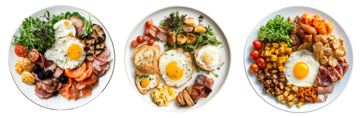 Full English Breakfast - Classic Plated Meals with Eggs, Bacon, and Vegetables isolated on a transparent PNG background, white background, cut out