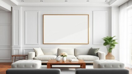A blank living room wall art mockup template featuring a modern design with space for customization, blank, modern, decoration