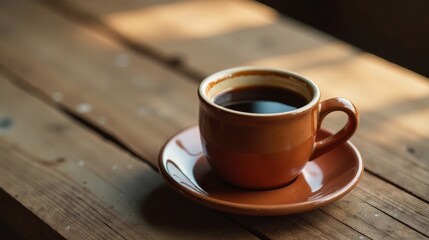 Obraz premium Aromatic Dark Roast Coffee in a Rustic Brown Mug on Wooden Table