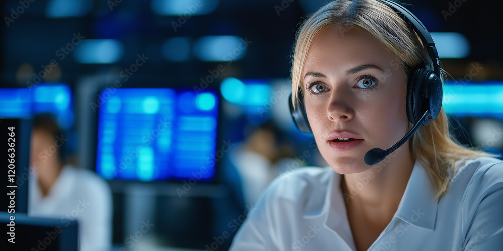 Aufkleber focused female dispatcher working late at night in system control center, managing data on computer 