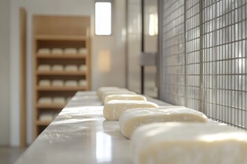 Dough pieces on marble counter in bakery.