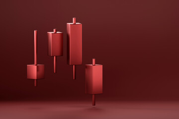3D rendering of red candlestick chart patterns indicating market decline, ideal for finance analysis and stock trading; minimal modern design for clear data representation.