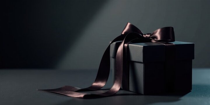 A dark mysterious gift box with a luxurious ribbon, elegantly presented on a dark surface, hinting at a special occasion or valuable contents inside.