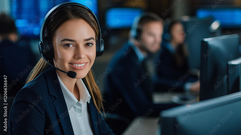 Poster Smiling customer service representative working in busy call center