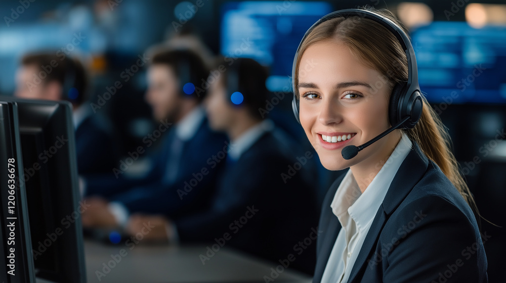 Poster Smiling customer service representative working in busy call center