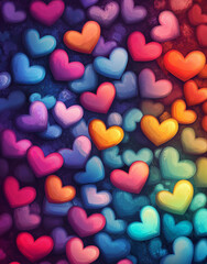 Cartoon-style hearts in vivid colors float against a dynamic gradient background, transitioning from dark to light hues, offering a playful and vibrant Valentine's Day design.