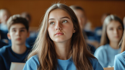 Fototapeta premium Focused teenage girl listening attentively during lecture in university classroom