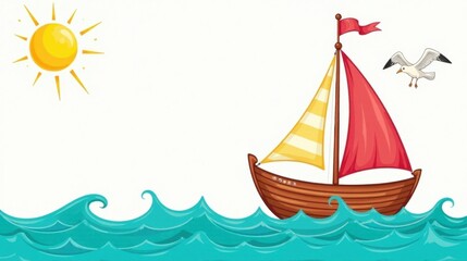Fototapeta premium A sunny day, a sailboat glides on turquoise waves, a seagull soars overhead, a charming summer scene