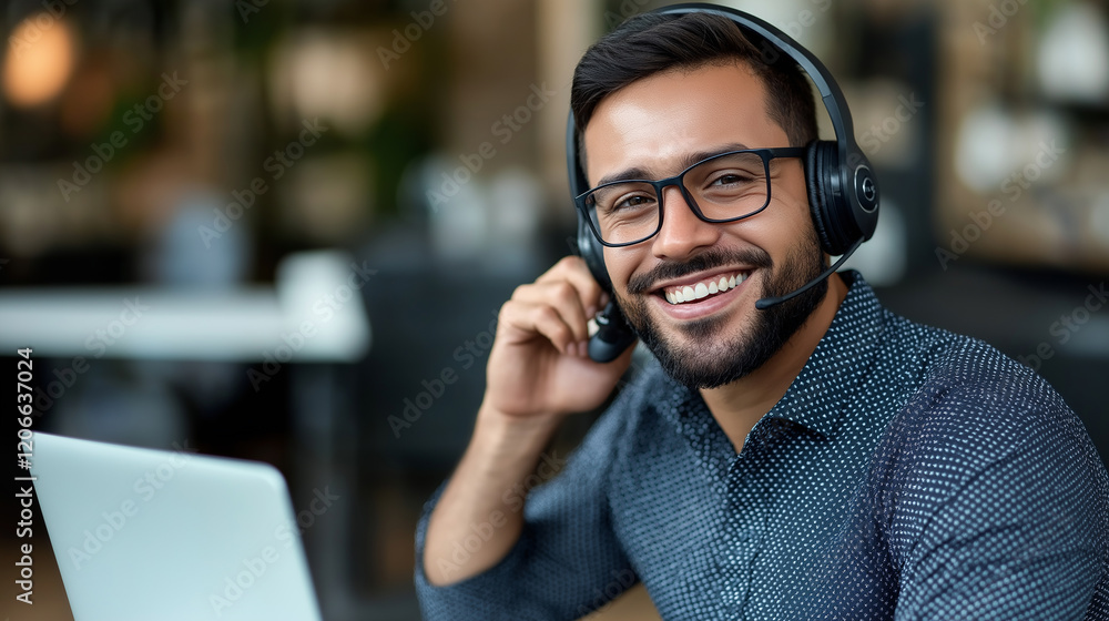 Poster smiling male call center agent working on laptop with headset in office