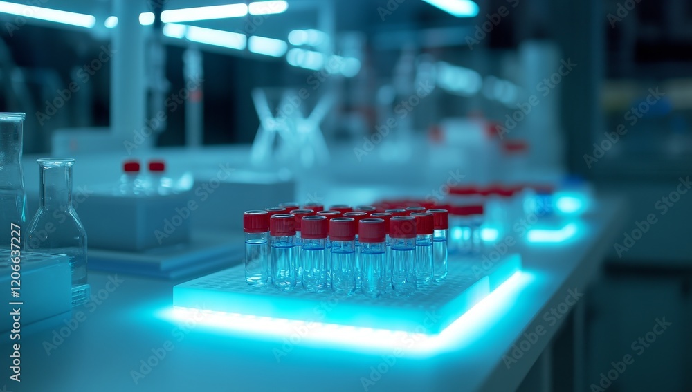Poster Illuminated lab table with vials.