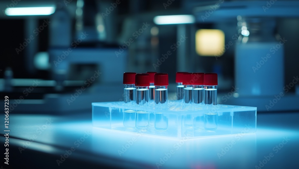 Poster Samples in test tubes on illuminated rack in lab.
