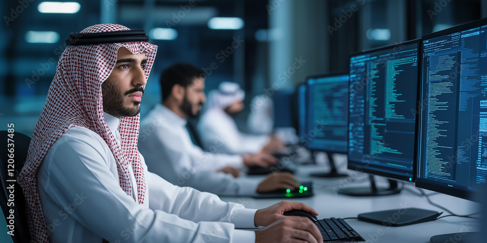 Aufkleber Arab software developer programming on computer in modern office: team working in background