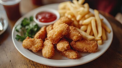 Fototapeta premium A plate of delicious chicken nugget with fries and sauce on wooden table