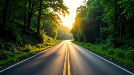 Fototapeta premium Asphalt Pathway Through Lush Green Canopy at Golden Hour, Sunbeams Illuminating the Road Ahead