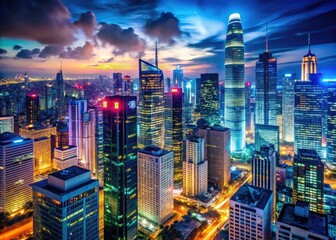 Fototapeta premium A breathtaking urban skyline ablaze with dazzling city lights at night.
