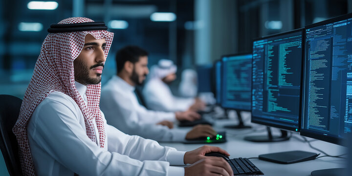 Arab software developer programming on computer in modern office: team working in background