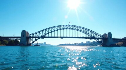 Naklejka premium Steel Arch Bridge Over Sparkling Water on a Sunny Day