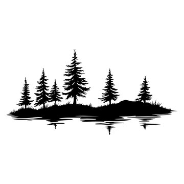 recommend clip art: Simple trees lake mountain linear illustration silhouette pine vector