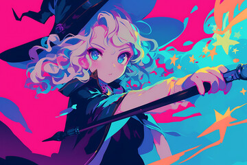 A young witch casting a spell with vibrant colors and magical elements in a whimsical setting