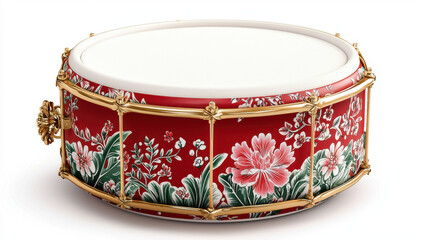 ceremonial drum featuring intricate floral motifs and vibrant red color, showcasing detailed craftsmanship and elegance. This decorative piece adds touch of artistry to any setting