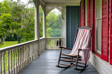 Serene rocking chair on a porch overlooking a lush green landscape. Perfect for relaxation and peaceful contemplation.