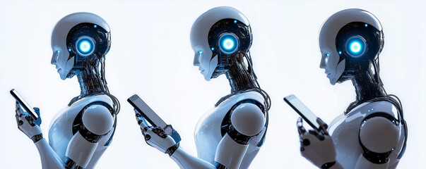 Three humanoid robots are using smartphones, showcasing the integration of ai and mobile technology