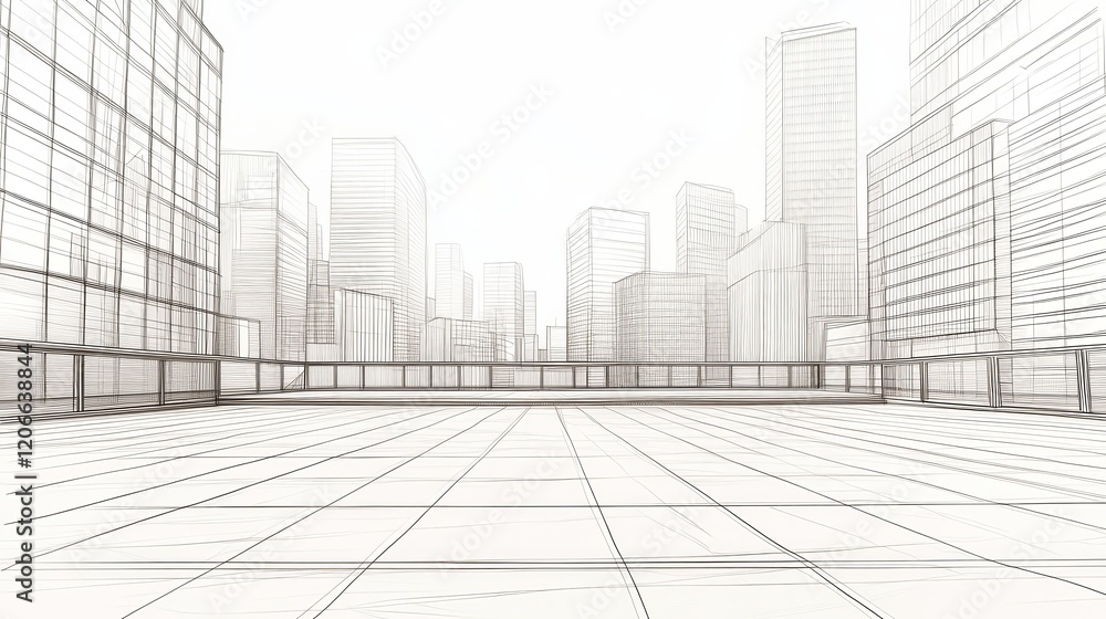 Poster a minimalist sketch of a cityscape with outlines of buildings and an empty foreground.