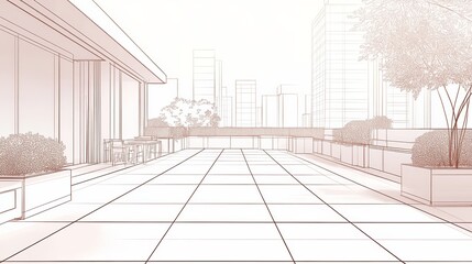 Fototapeta premium A minimalist rooftop terrace with city skyline views, featuring plants and seating areas.
