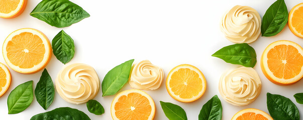 Citrus dessert flatlay, white backdrop
